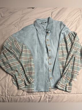 Miss Me Light Blue Suede & Plaid Button-Up Shirt Jacket, Brand New